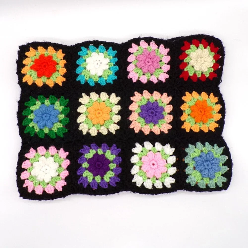 Granny Square Afghan Black 3D Flowers Throw Lap Blanket Small 34” X 25”